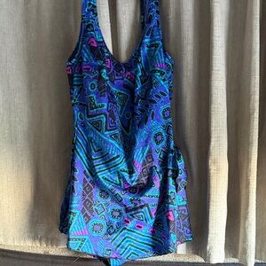 Maxine of Hollywood Blue and Turquoise w Geometric Shapes One Piece Swimsuit 12